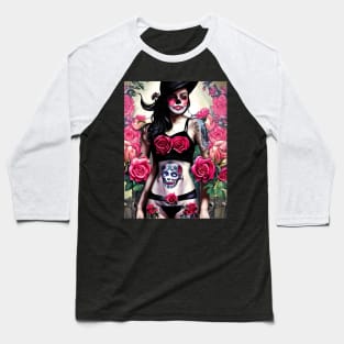 Tattooed Goth Pin Up Girl with Roses Baseball T-Shirt